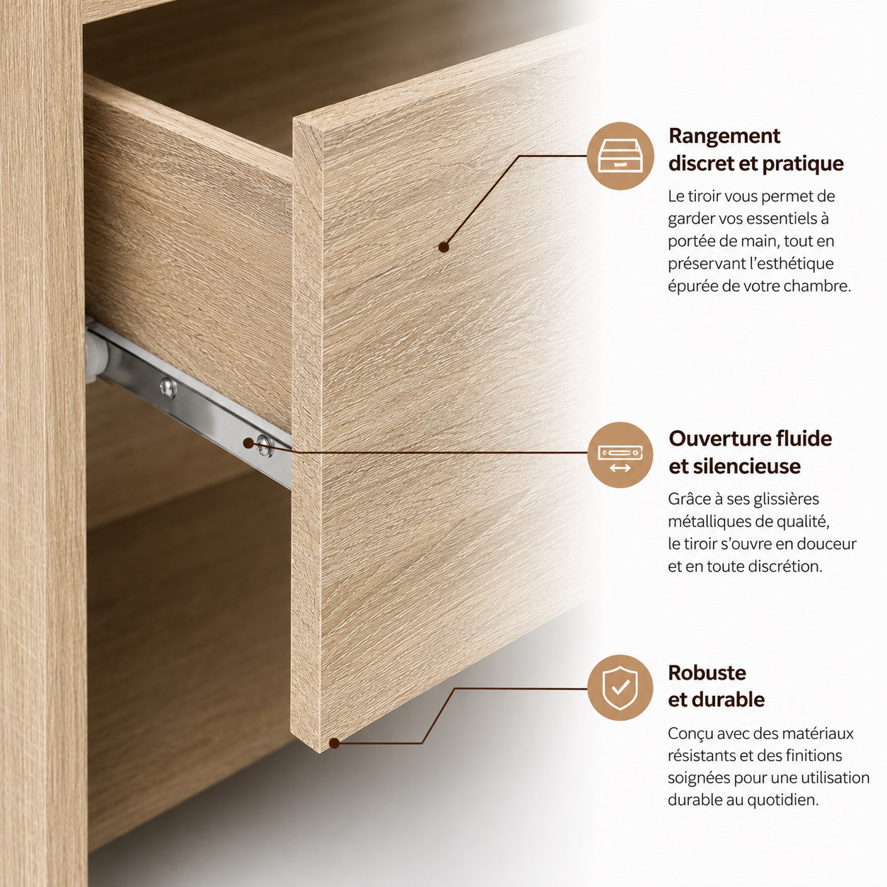 Bullet points explications du tiroir de la table de chevet noma