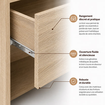 Bullet points explications du tiroir de la table de chevet noma