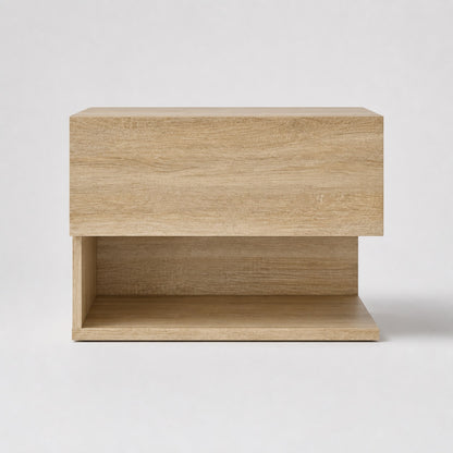 Table de chevet suspendue en bois finition chêne Sonoma, vue de face avec niche de rangement ouverte.