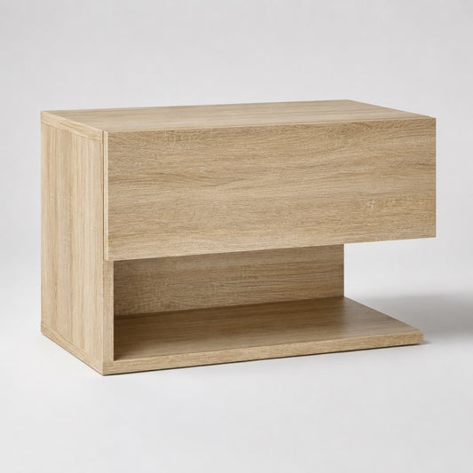 Table de chevet suspendue en bois finition chêne Sonoma avec niche ouverte, design épuré.