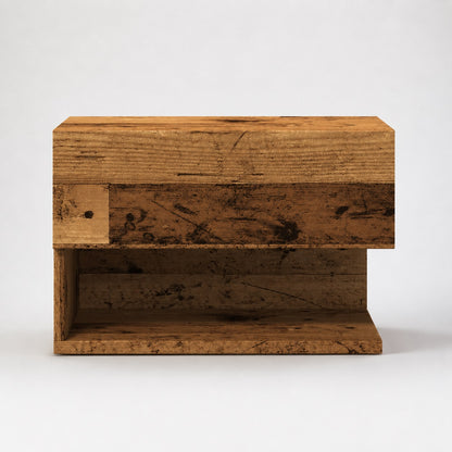 Table de chevet suspendue en bois finition vieux bois, vue de face avec tiroir et rangement ouvert.