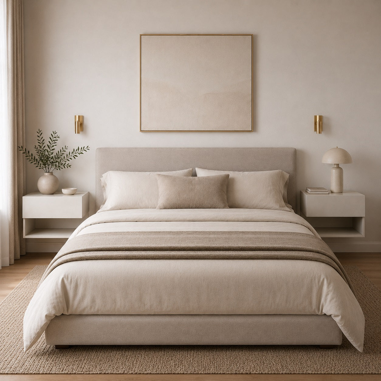 Deux table de chevet suspendues moderne blanches dans une chambre au style minimaliste.