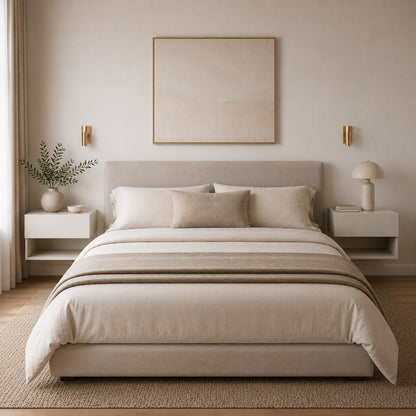 Deux table de chevet suspendues moderne blanches dans une chambre au style minimaliste.