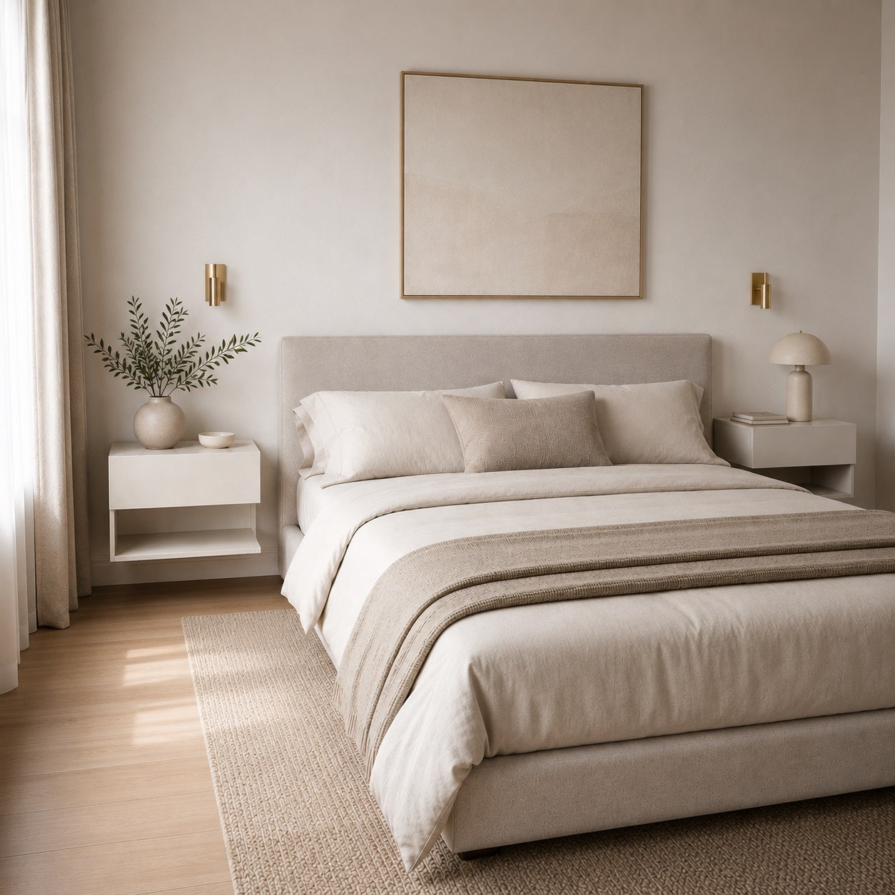 Chambre élégante avec table de chevet suspendues moderne blanche de chaque côté du lit.