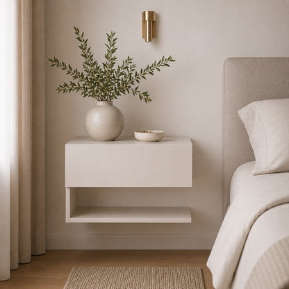 Vue de face de la table de chevet dans l'ambiance de chambre