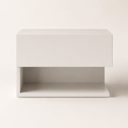 Vue de face d'une table de chevet suspendues moderne blanche avec rangement ouvert.