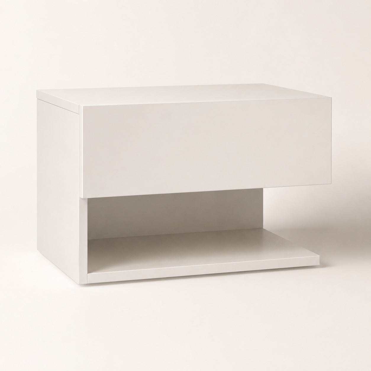 Table de chevet suspendues moderne blanche avec tiroir et niche ouverte au design minimaliste.