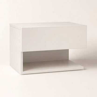 Table de chevet suspendues moderne blanche avec tiroir et niche ouverte au design minimaliste.