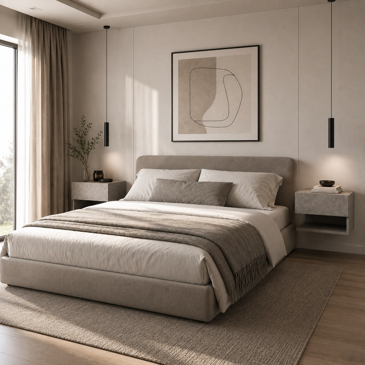 Chambre contemporaine avec table de chevet suspendues moderne effet béton de chaque côté.