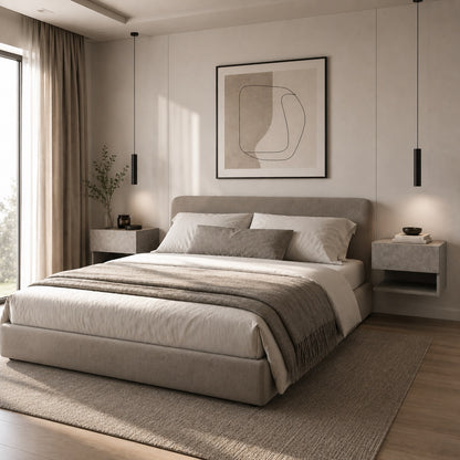 Chambre contemporaine avec table de chevet suspendues moderne effet béton de chaque côté.