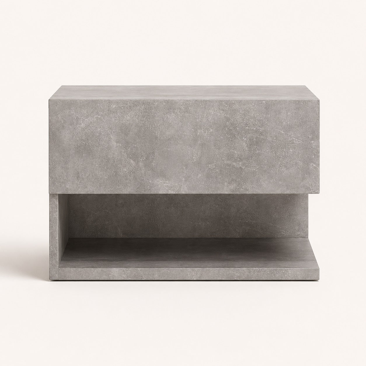 Vue de face d'une table de chevet suspendues moderne effet béton avec niche ouverte.