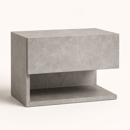 Table de chevet suspendues moderne effet béton avec tiroir et niche ouverte design.