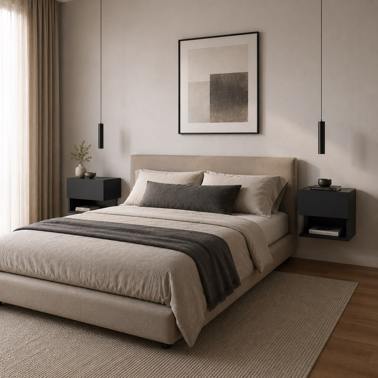 Chambre contemporaine avec table de chevet suspendues moderne noires de chaque côté du lit.