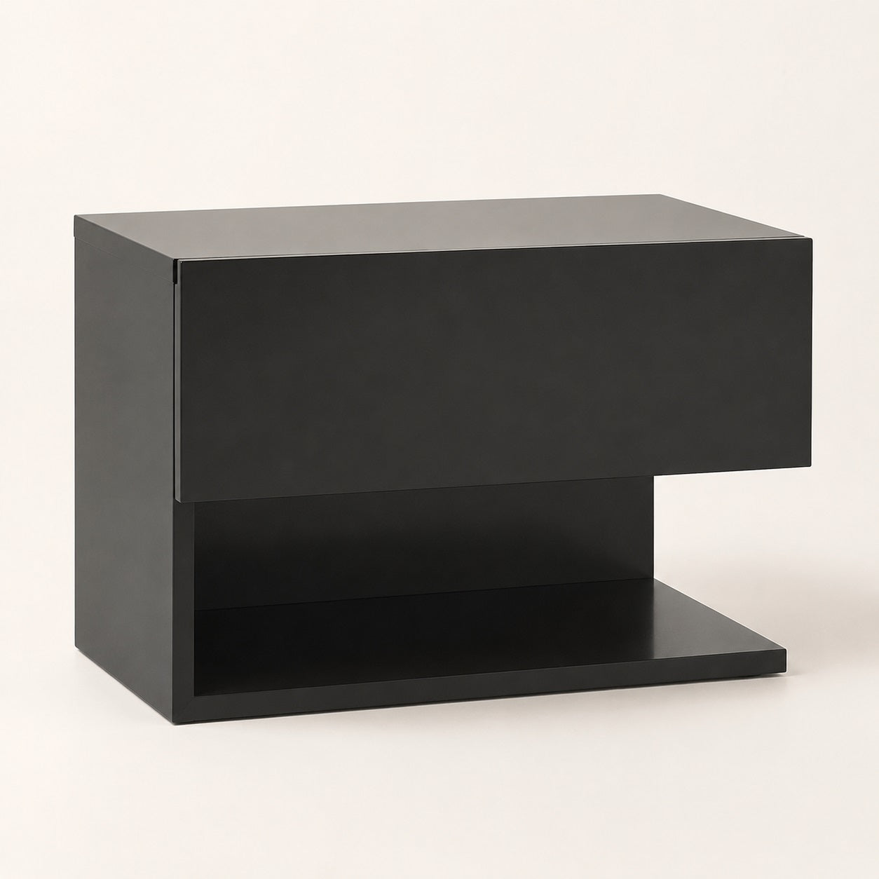 Table de chevet suspendues moderne noire avec tiroir et niche ouverte au design contemporain.