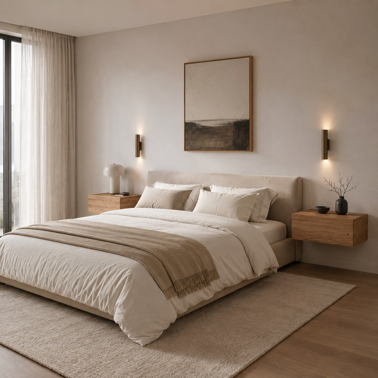 Table de chevet suspendue en bois finition chêne artisanal dans une chambre élégante et chaleureuse.