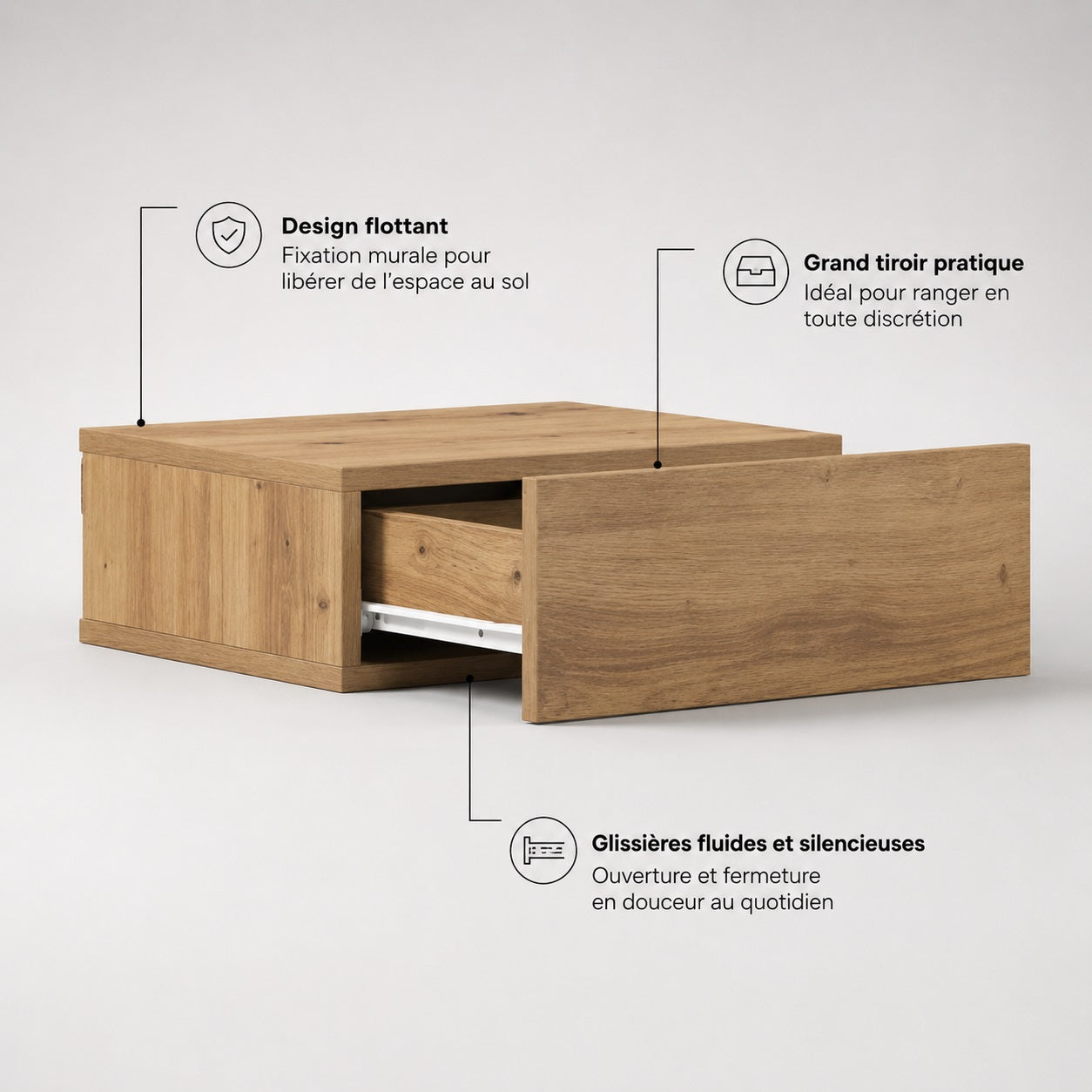 Table de chevet suspendue en bois avec grand tiroir coulissant et fixation murale discrète.