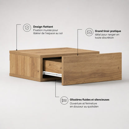 Table de chevet suspendue en bois avec grand tiroir coulissant et fixation murale discrète.