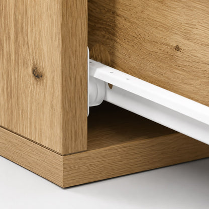 Zoom sur les glissières d'une table de chevet suspendue en bois avec ouverture fluide du tiroir.