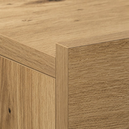 Détail des finitions d'une table de chevet en bois suspendue finition chêne artisanal.