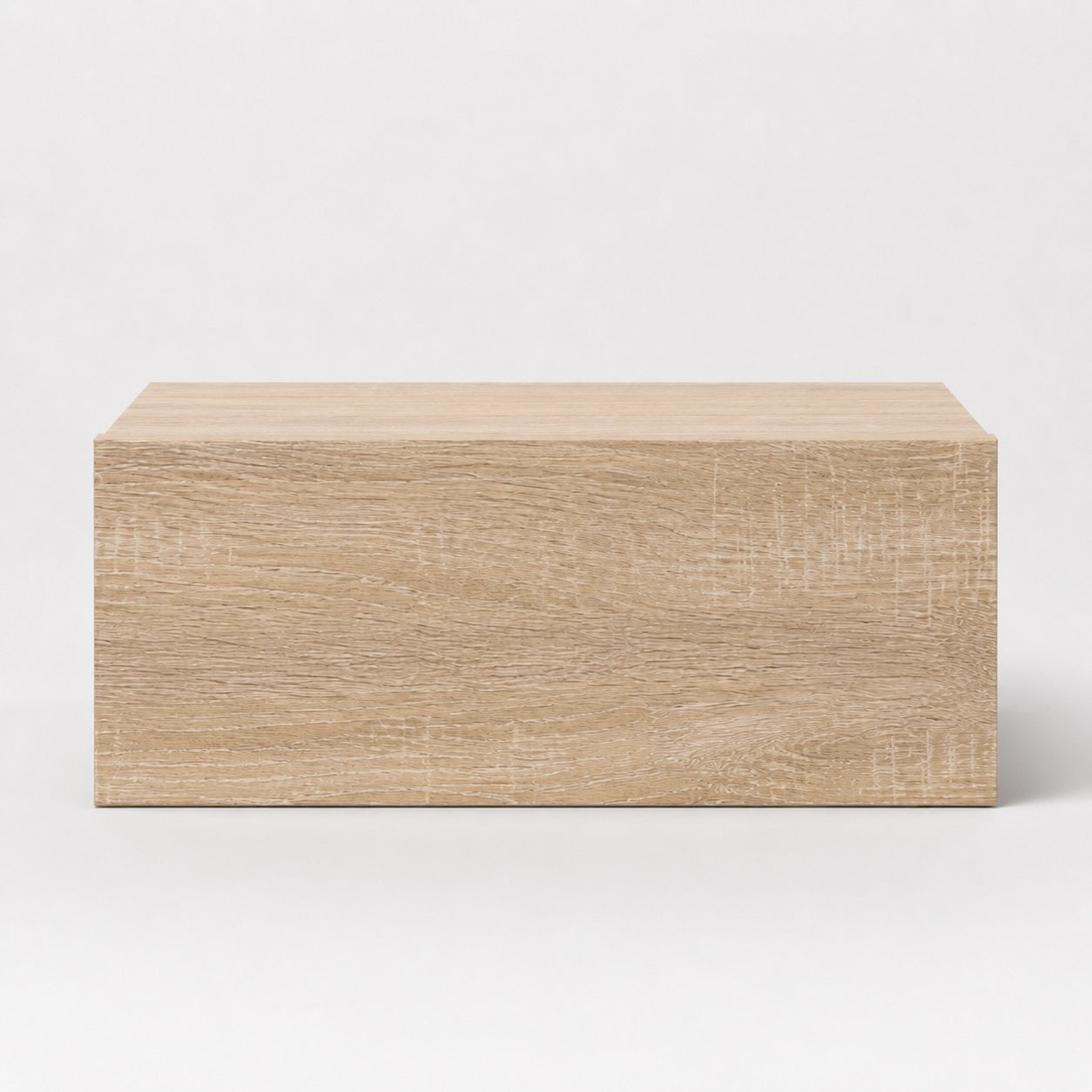 Vue de face d'une table de chevet suspendue en bois finition chêne Sonoma au design minimaliste.