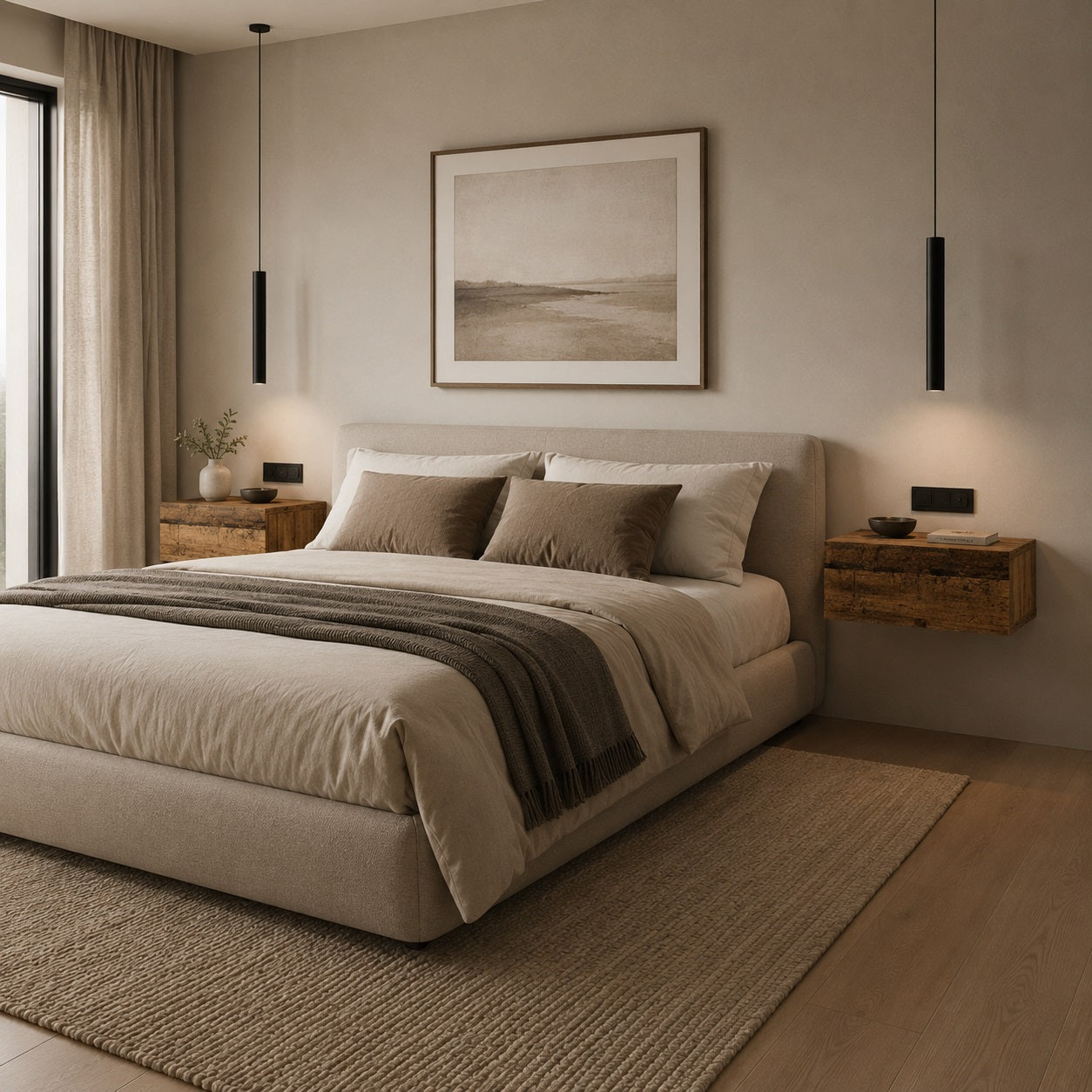Table de chevet en bois suspendue finition vieux bois dans une chambre moderne et chaleureuse.