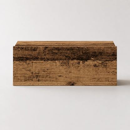 Vue de face d'une table de chevet suspendue en bois finition vieux bois au design épuré.