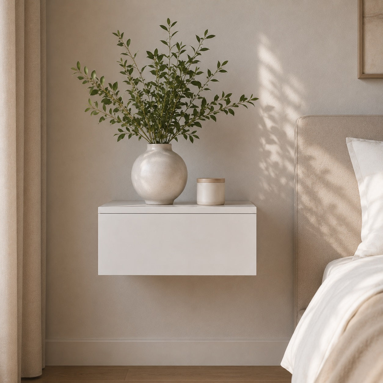 Table de chevet suspendue blanche avec décoration minimaliste, parfaite pour une chambre élégante.