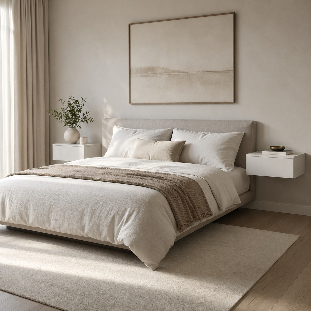 Deux tables de chevet suspendues blanches dans une chambre moderne au style épuré et lumineux.