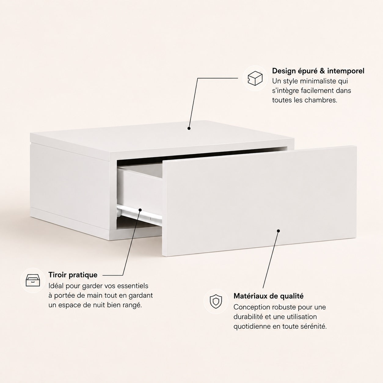 Table de chevet suspendue blanche avec tiroir pratique et design minimaliste pour un espace nuit organisé.