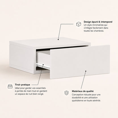 Table de chevet suspendue blanche avec tiroir pratique et design minimaliste pour un espace nuit organisé.