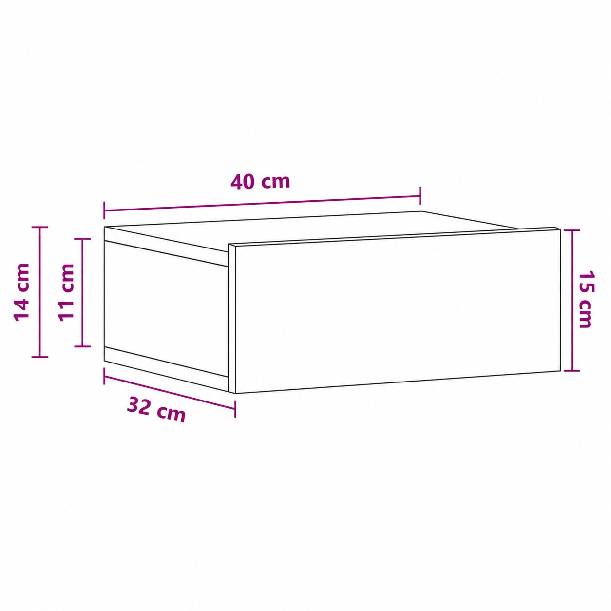 Schéma des dimensions d'une table de chevet suspendue blanche avec tiroir et profondeur compacte.