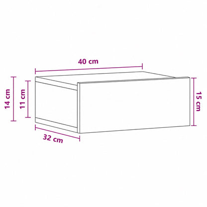 Schéma des dimensions d'une table de chevet suspendue blanche avec tiroir et profondeur compacte.
