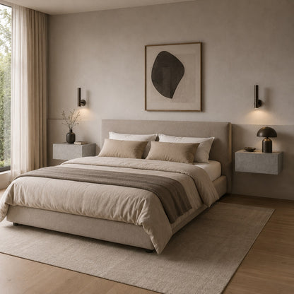 Deux tables de chevet suspendues effet béton dans une chambre moderne au style élégant et raffiné.