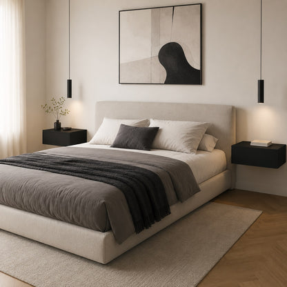 Deux tables de chevet suspendues noires dans une chambre élégante au style minimaliste et chaleureux