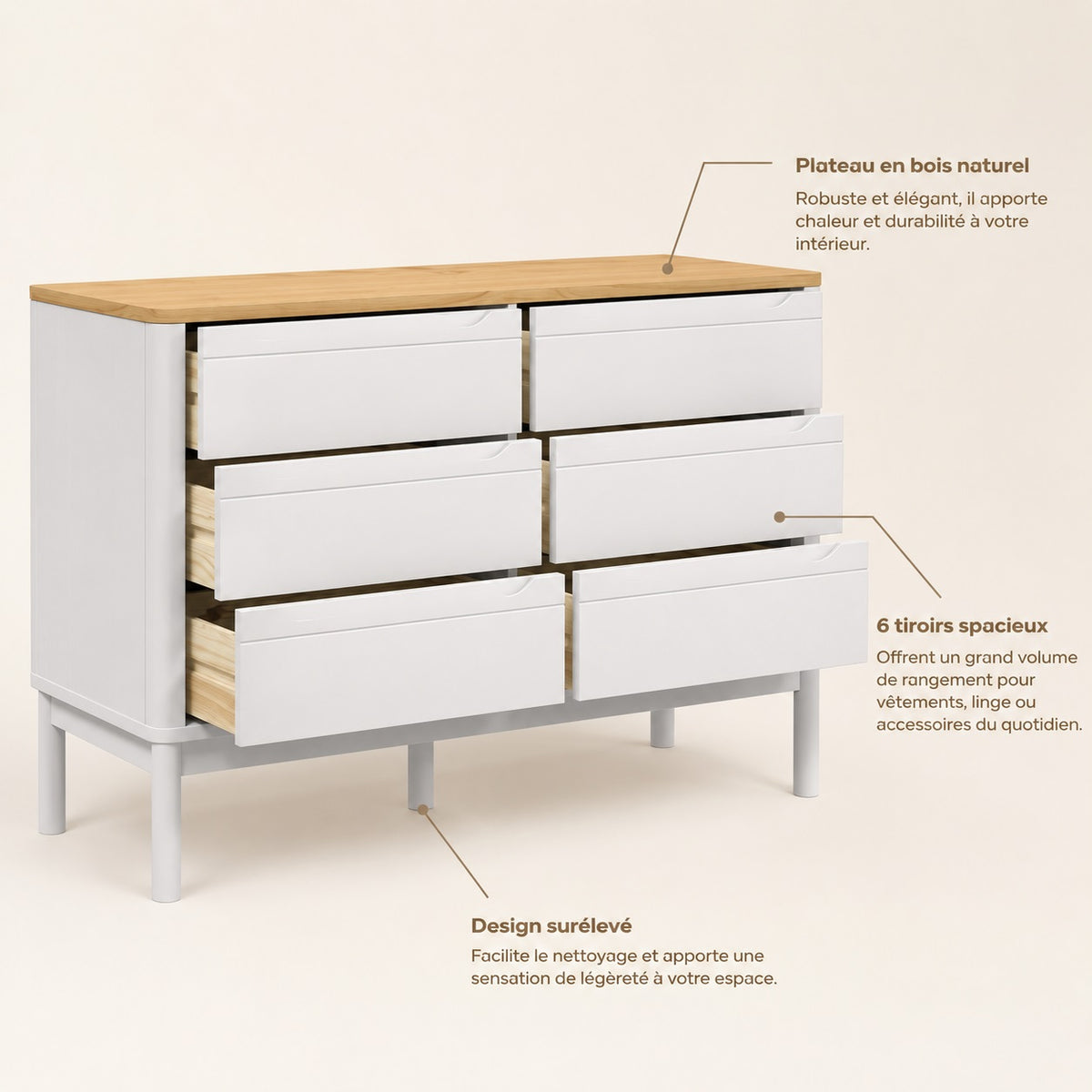 Commode 6 tiroirs blanche avec plateau bois, tiroirs spacieux et structure surélevée