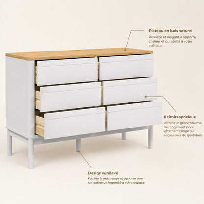 Commode 6 tiroirs blanche avec plateau bois, tiroirs spacieux et structure surélevée