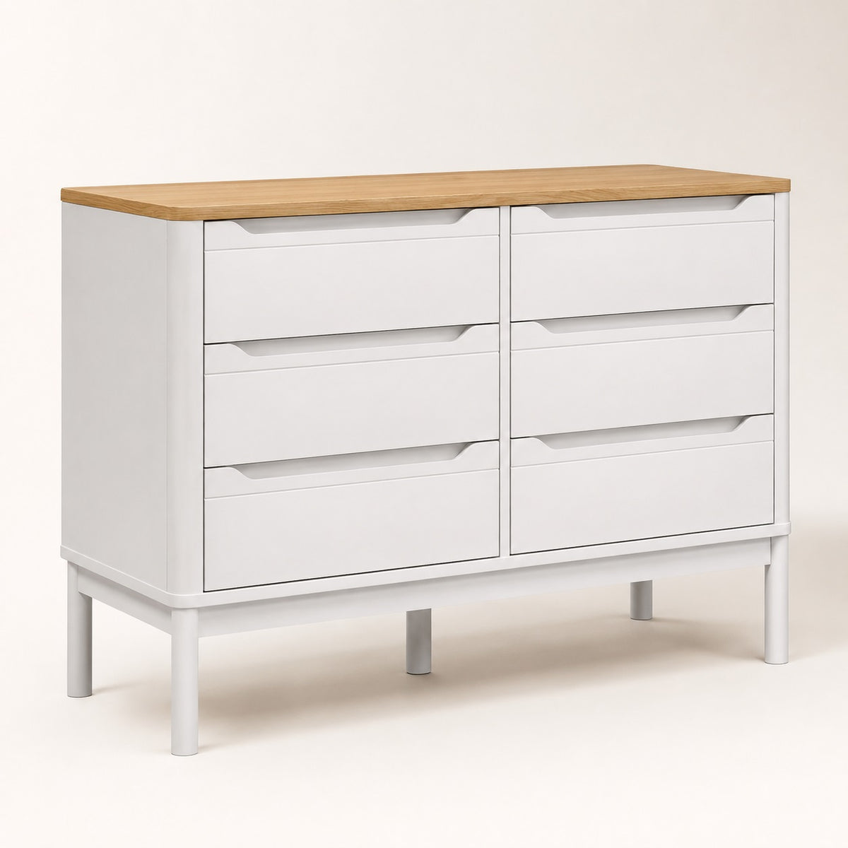 Commode blanche 6 tiroirs avec plateau effet bois, design moderne et poignées intégrées