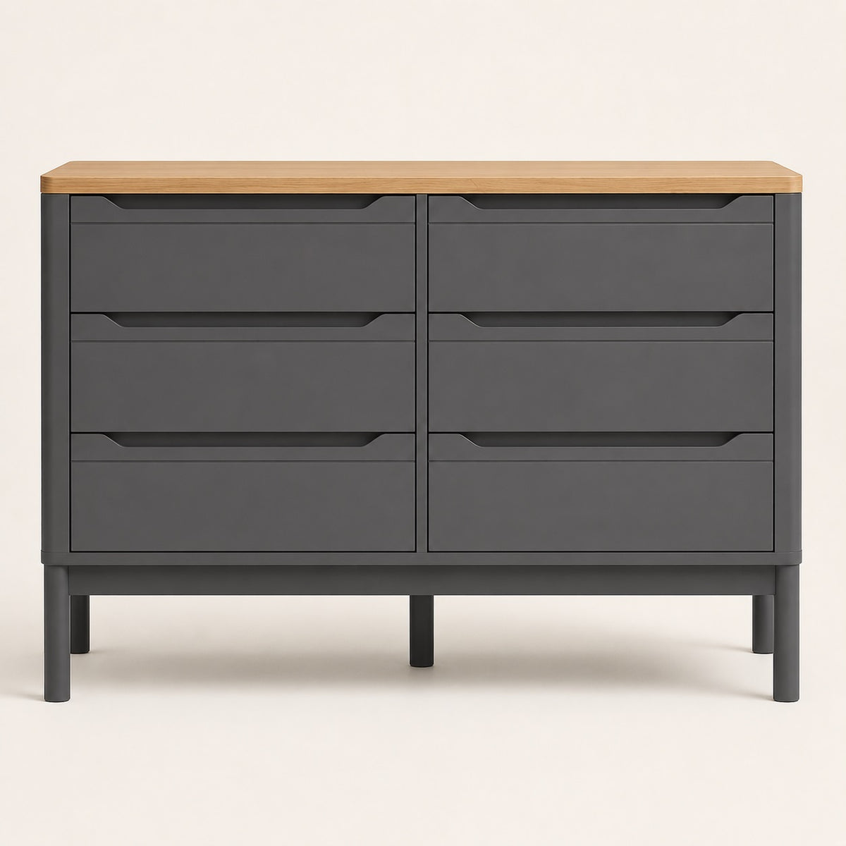 Commode grise 6 tiroirs avec plateau effet bois, design moderne et pieds surélevés