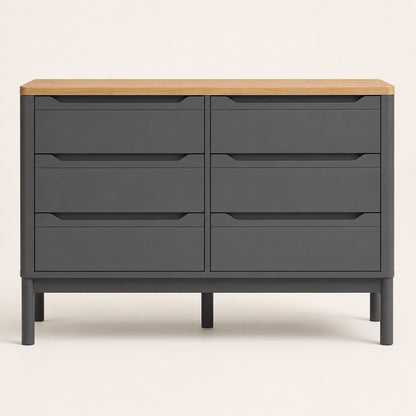 Commode grise 6 tiroirs avec plateau effet bois, design moderne et pieds surélevés