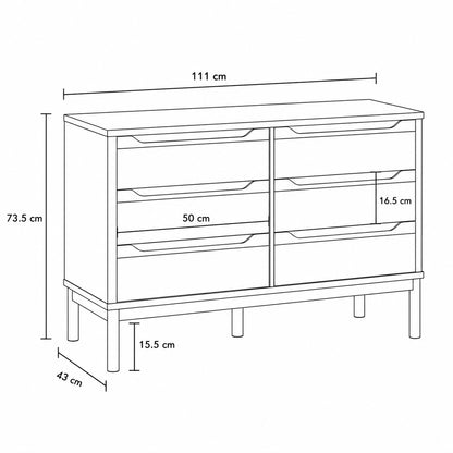 Dimensions de la commode 6 tiroirs grise : 111 cm de large, 73,5 cm de haut et 43 cm de profondeur