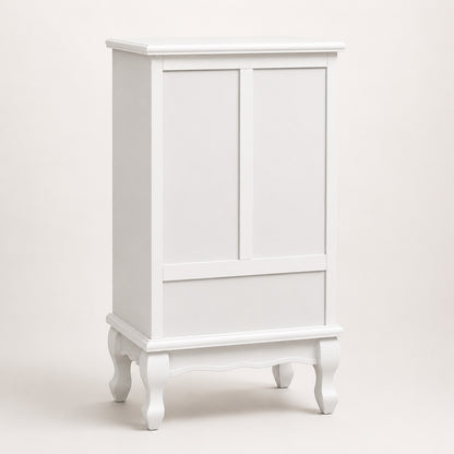 Vue arrière d’une commode vintage blanche, avec structure haute et piètement galbé de style classique.