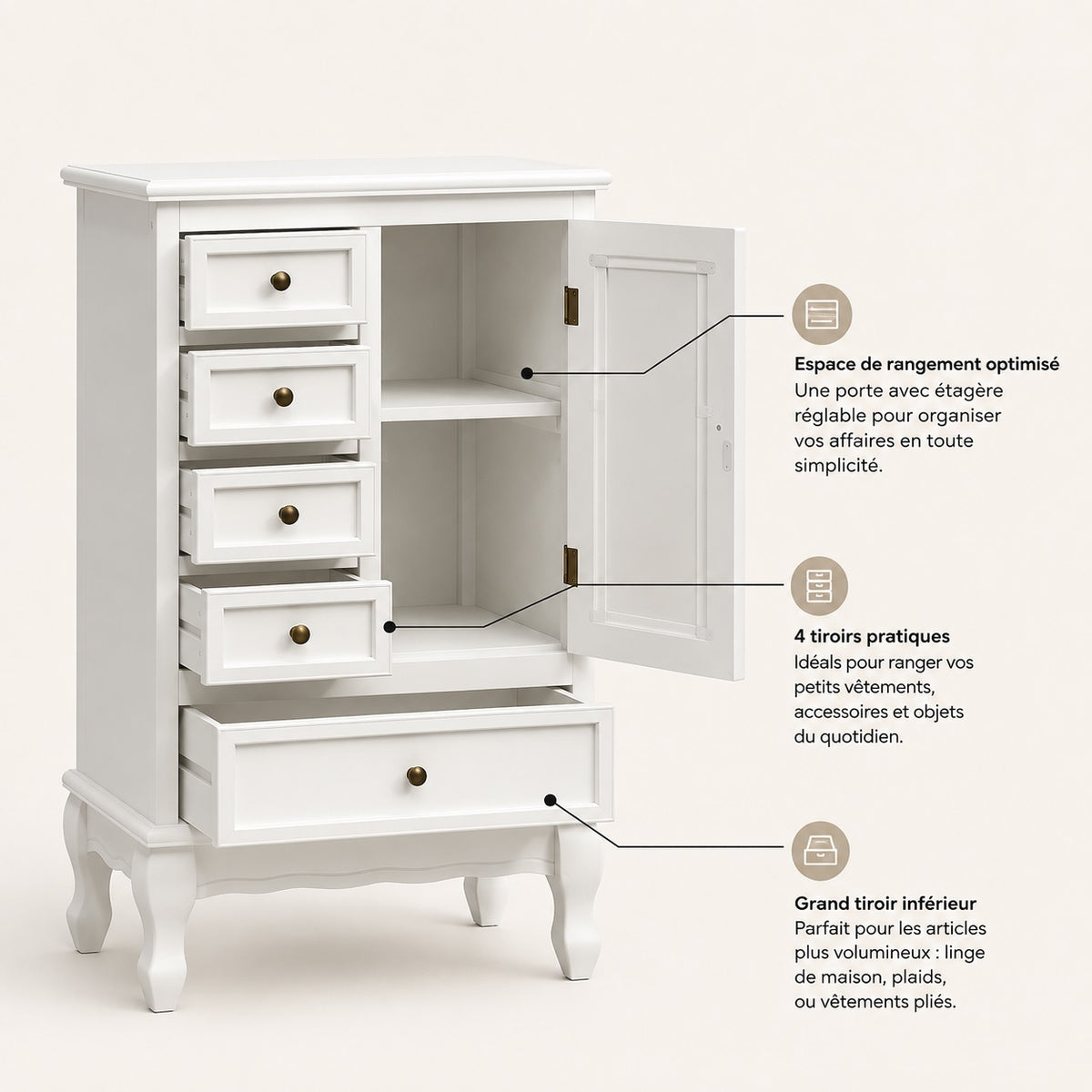 Commode blanche vintage ouverte avec 5 tiroirs, porte de rangement et étagères intérieures pratiques.