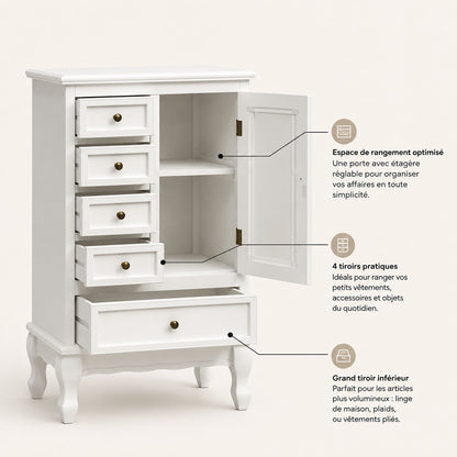 Commode blanche vintage ouverte avec 5 tiroirs, porte de rangement et étagères intérieures pratiques.
