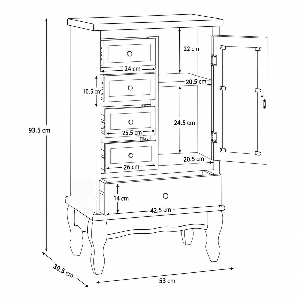 Commode blanche vintage avec dimensions détaillées, 5 tiroirs, porte de rangement et pieds galbés.