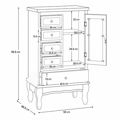Commode blanche vintage avec dimensions détaillées, 5 tiroirs, porte de rangement et pieds galbés.