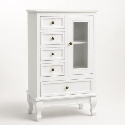 Commode blanche vintage avec 5 tiroirs, porte vitrée, poignées dorées et pieds galbés élégants.