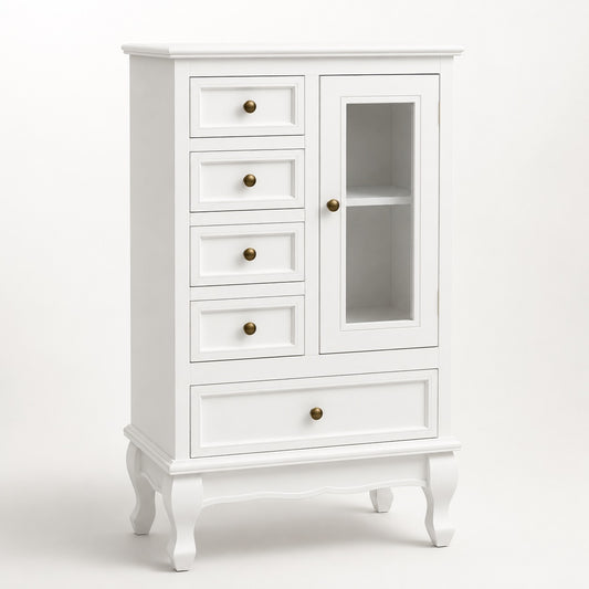 Commode blanche vintage avec 5 tiroirs, porte vitrée, poignées dorées et pieds galbés élégants.