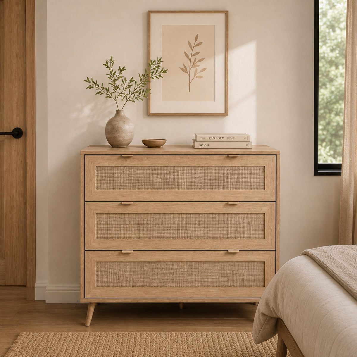 Commode design en bois clair avec cannage, commode 3 tiroirs dans une chambre naturelle