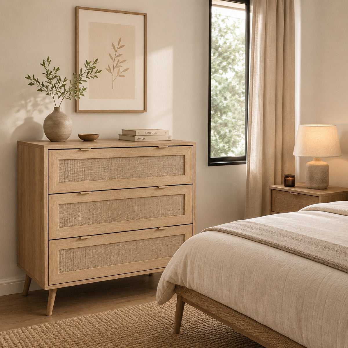 Commode 3 tiroirs dans une chambre lumineuse, commode design en bois clair et cannage