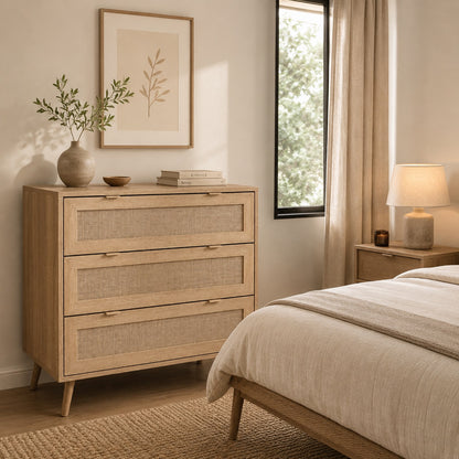 Commode 3 tiroirs dans une chambre lumineuse, commode design en bois clair et cannage